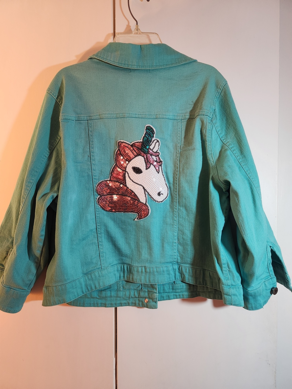 ONE WORLD Teal JeanDenim Jacket with Sequin Unicorn Patch